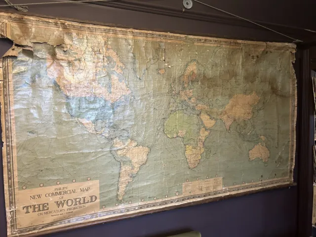 Vintage 1958 Philips Commercial Map of The World Giant 210 x 120cm Wall Hung Map