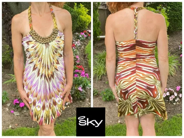 Sky Brand Clothing Sleeveless Silk  Studded Braided Halter Tunic Mini Dress S/M