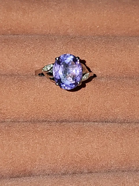 925 Sterling Silver Oval Purple Amethyst With Accent Diamond Ring Size 9