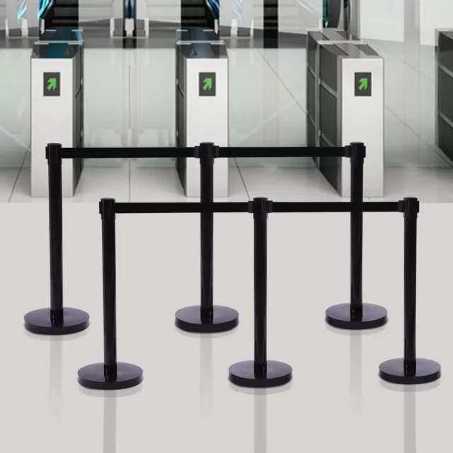 6Pcs Stanchion Post Crowd Control Barriers Queue Pole w/ Retractable Belt Black