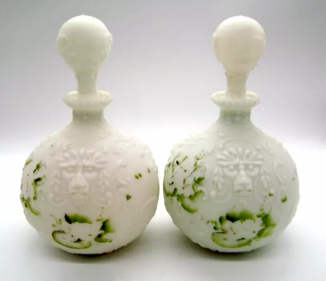 Antique Pair Victorian Era Milk Glass Dresser Cologne Bottles Embossed Lion Head