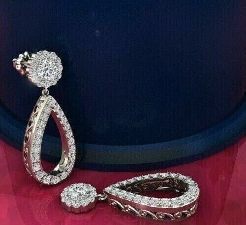 14k White Gold Plated Real Moissanite Drop/Dangle Women's Earring 2Ct Round Cut