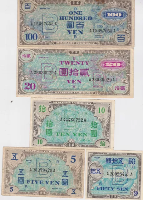 Kappyscoin W1164  Wwii  Japan  Allied Miltary Currency 100 20 10 5 Yen 50 Sen