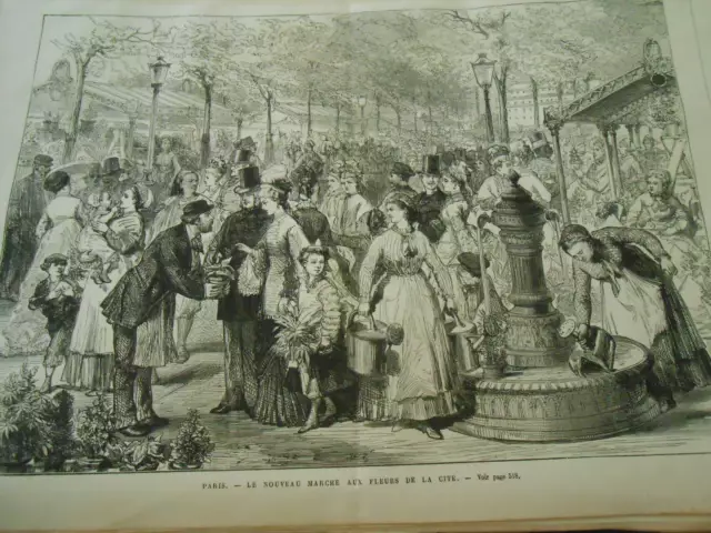 Gravure 1874 - Paris le nouveau marché aux fleurs de la cité