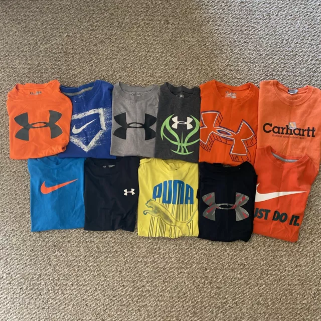 11 lot of Boy's - Short Sleeve Shirts - Size M -Nike-Under Armour-Puma-Carhartt