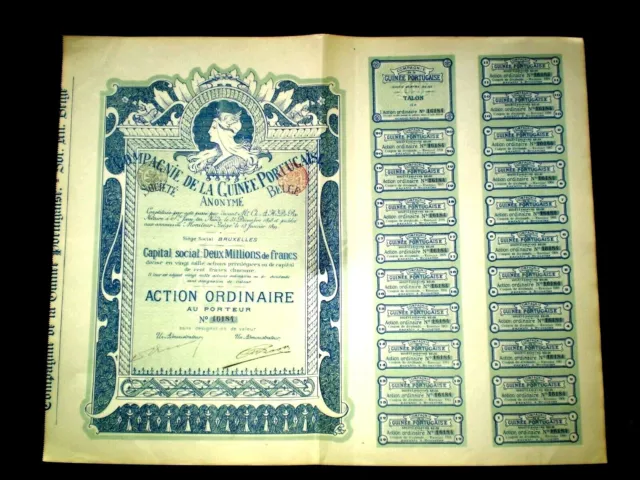 Compagnie de la Guinée Portugaise,Brussels 1899 ,art nouveau, share certificate.