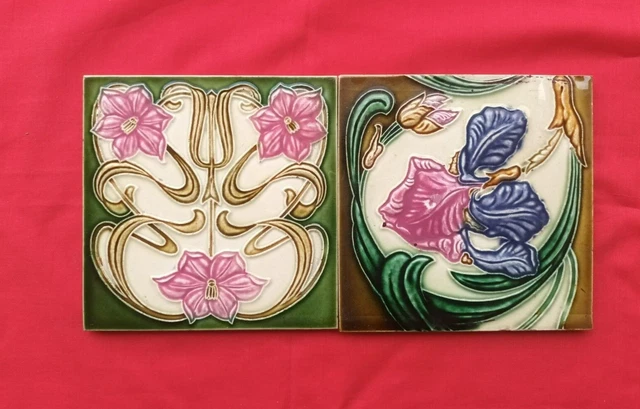 2 Piece Old Art Flower Design Embossed Majolica Ceramic Tiles Belgium 0184