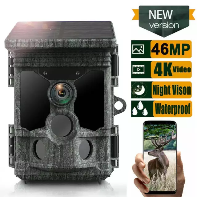 4K 46MP Bluetooth WiFi Solar Trail Camera Wildlife Hunting Cam PIR Night Vision