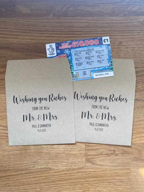 x10 personalised wedding favour, lottery, scratch card envelopes, holder