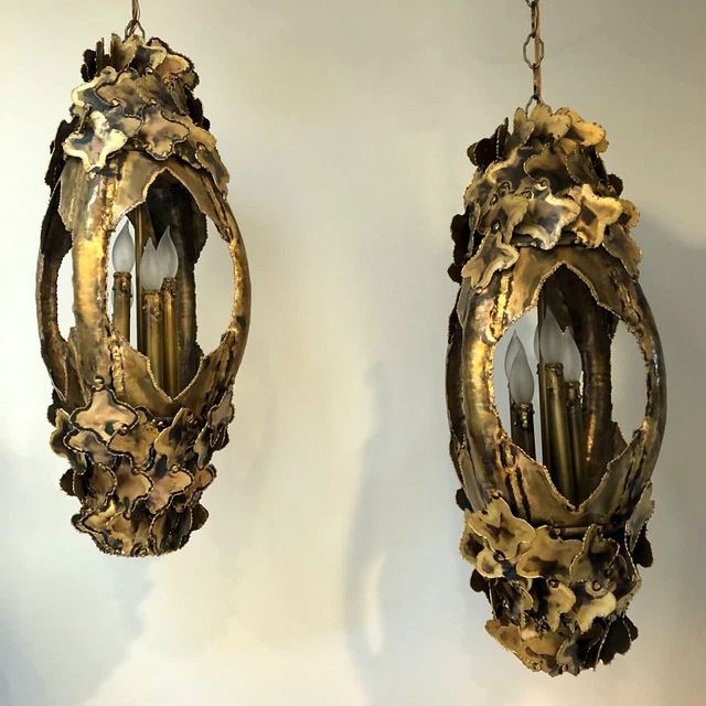 Vintage TOM GREENE Feldman TORCH CUT Chandelier BRUTALIST Hanging CEILING LIGHTS