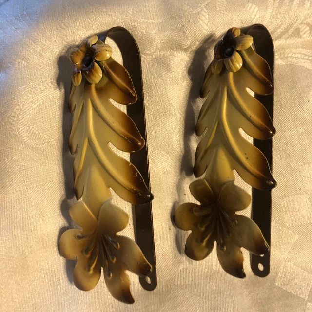 Vintage  Drapery Curtain Pull Back Ties  Embossed Metal Yellow Brown Leaf Floral 4