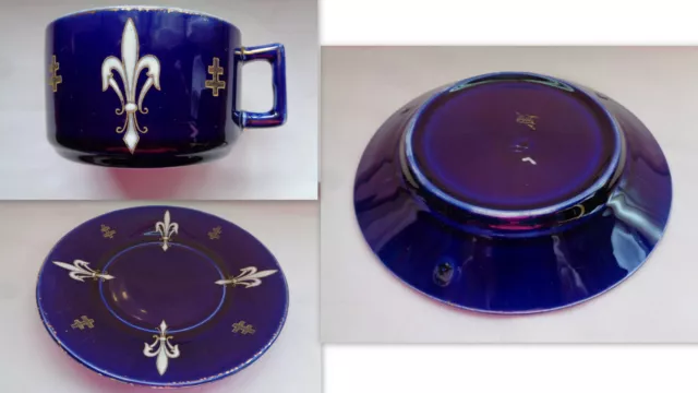 Ancienne Tasse + Soucoupe Luneville Emaille Croix De Lorraine Fleur Lys Blason 2