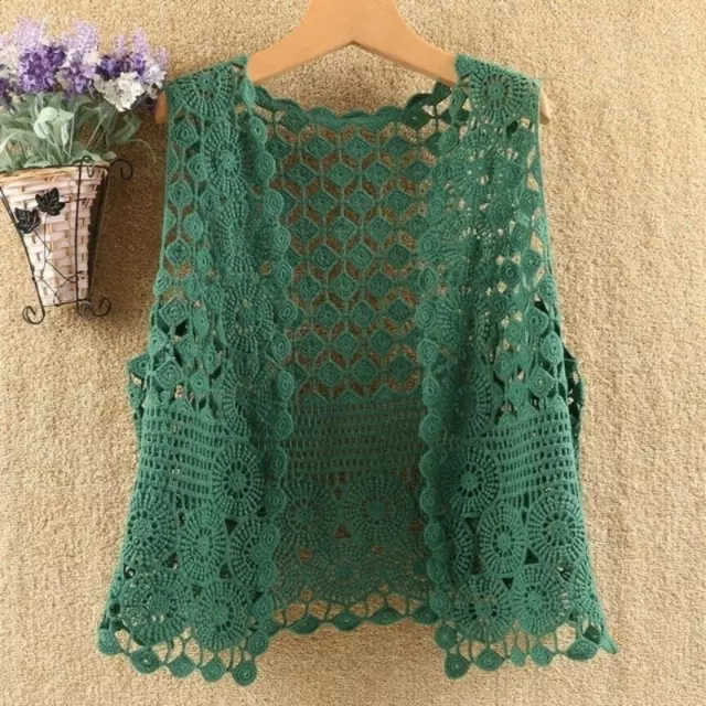 Women Lace Crochet Cardigan Vest Cotton Hollow Knit Gilet Tank Tops Open Front