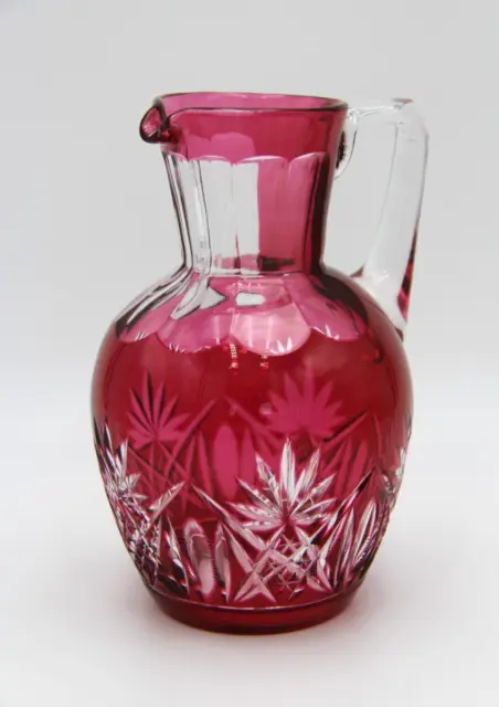 Vintage Czech Bohemia Crystal Cranberry Cut to Clear Glass Pitcher or Jug