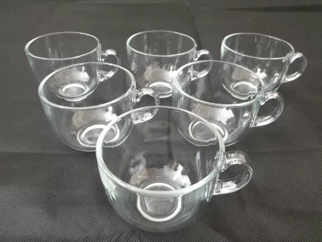 Vintage MCM Style Set of Six Large Clear Glass Tea Cups Coffee Cups Mugs 1970s
