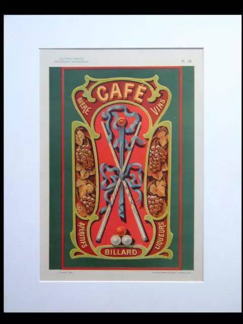 French Signboard, Cafe Billard, Snooker - 1900 Lithograph - Art Nouveau