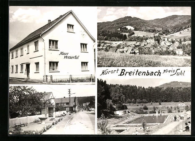 AK Breitenbach /Kr. Suhl, Ortsansicht, Schwimmbad, Haus Vessertal
