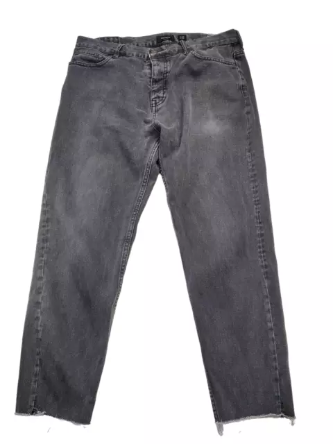 Womens Pull & Bear Size Eur 44 Uk 16 Black Wash Tapered Raw Crop Mom Denim Jeans