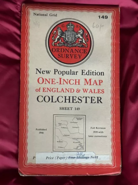 OS Ordnance Survey One Inch Paper Map, of Colchester, Sheet 149, 1946