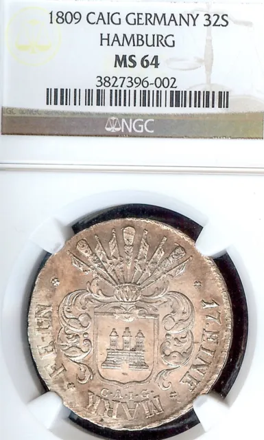 Deutsche Staat Hamburg 1809 Deoxit 32 Schilling Münze Taler NGC Ms 64 Selten