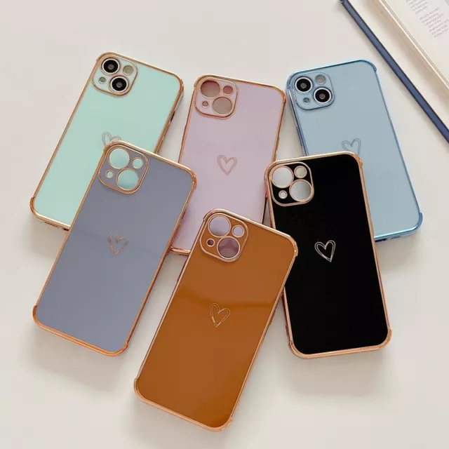 For iPhone 15 14 13 12 11 Pro Max XS XR 7 8 Plating TPU Glossy Heart Case Cover 2