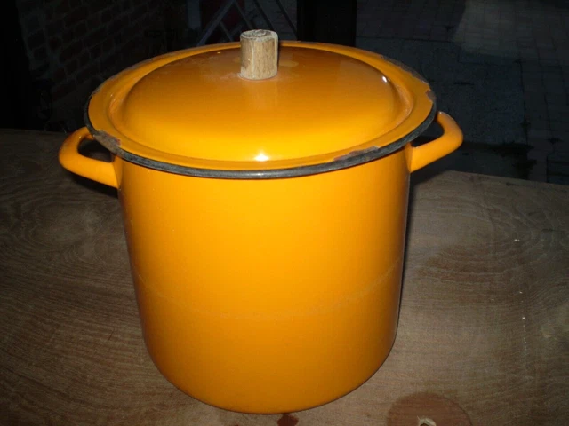 Ancienne Cocotte Marmite En Tôle émaillée Orange - Petit Faitout Vintage France