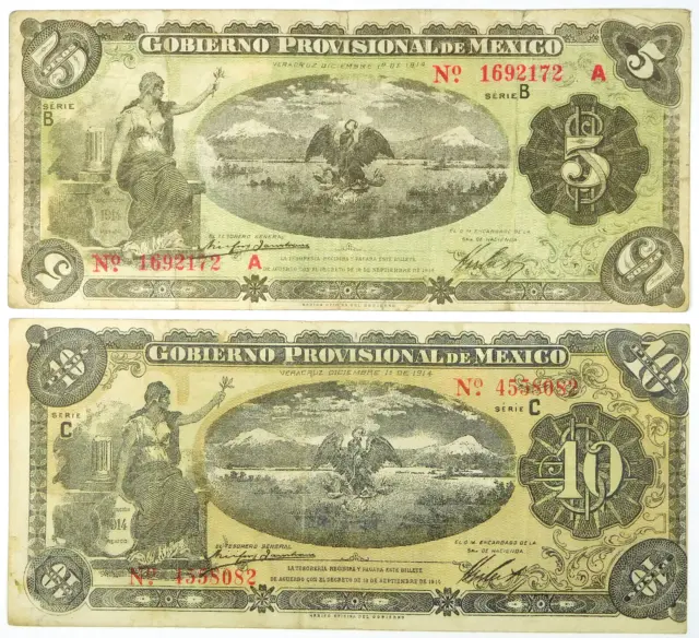 1914 Gobierno Provisional de Mexico, Veracruz 5 & 10 Pesos Note Lot