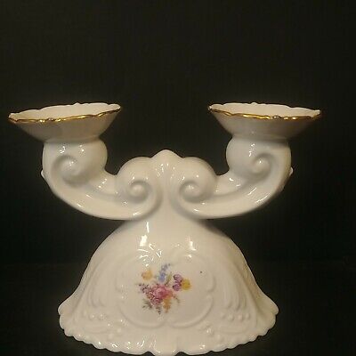 Pirken Hammer Czechoslovakia VTG Floral Moriage Porcelain Double Candle Holder