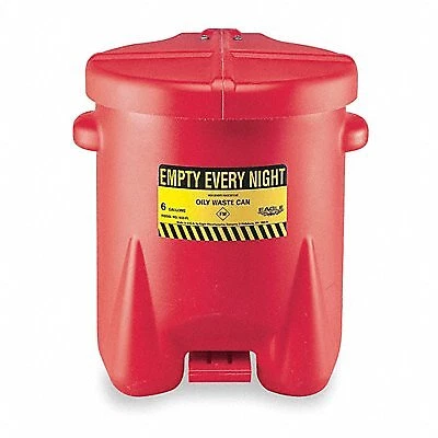 Eagle Oily Waste Can: 14 gal Can Capacity, Polyethylene, Red, Foot Operated Self