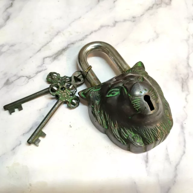 Antique Brass Made Vintage Padlock Lion Face Lock with Working Key Old Style