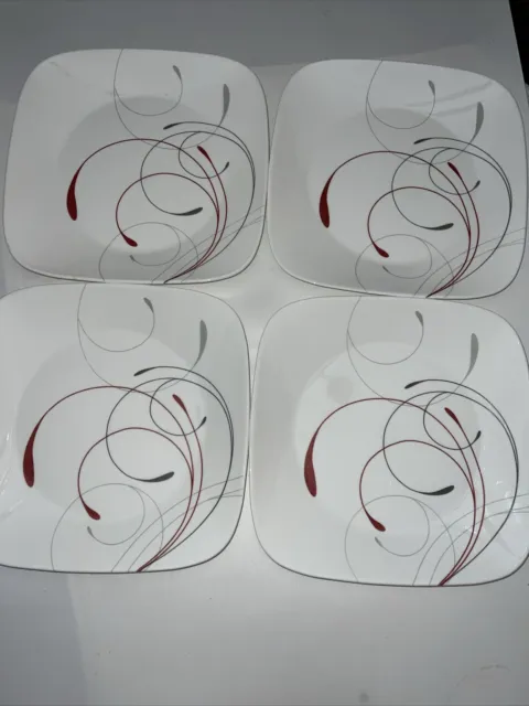 Corelle Vitrelle Splendor Dinner Plates 10.5" Set 4 Square MCM Red Swirl