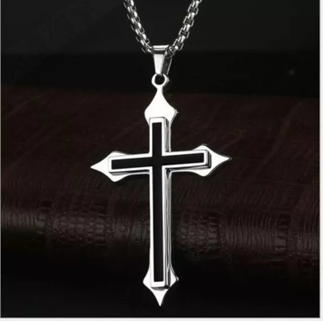Mens Women Chain Necklace Black Cross Stainless Steel Pendant Crucifix Jesus