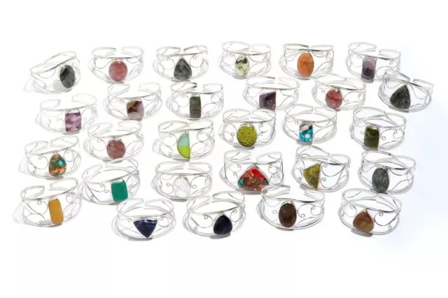 Multi Gemstones 925 Sterling Silver Handmade Bangles Wholesale Lot Jewelry  7-8"