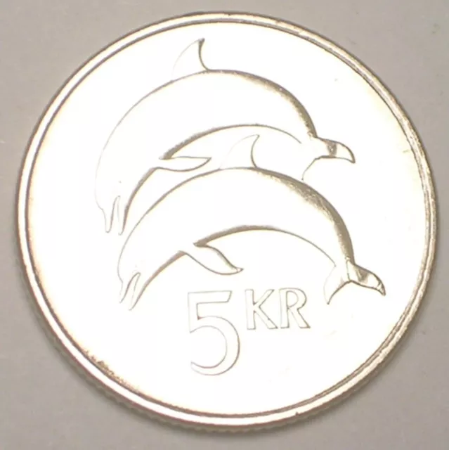 2007 Iceland Icelandic 5 Kronur Quartered Design Dolphins Coin XF