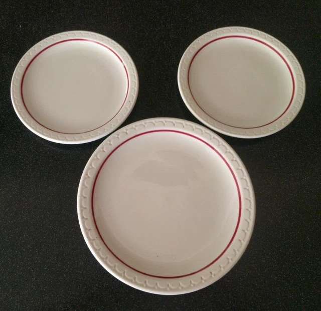 3 Vintage SYRACUSE CHINA ECONO-RIM RESTAURANT WARE PLATES  RED RING RAILROAD