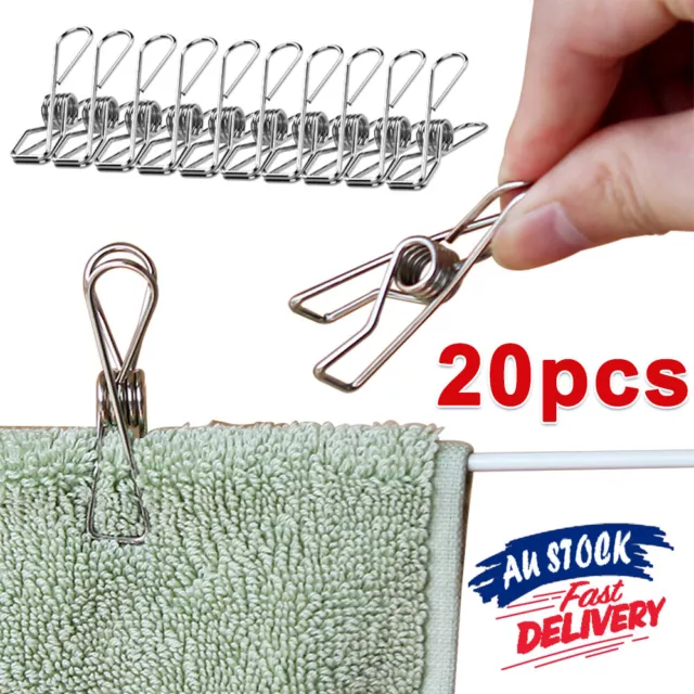 20Pcs Windproof Hanging Clips Clothes Pegs Clamp Stainless Steel Pins Laundry
