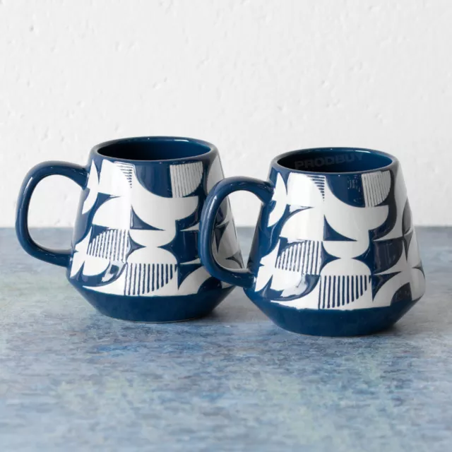 Set of 2 Navy Blue & White Bauhaus Scandi Mugs 400ml Stoneware Tea Coffee Cups
