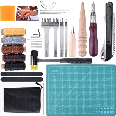 Strumenti in Pelle Fai da Te Fatti a Mano Kit Joyeee 20 Pezzi Kit di Utensili in Pelle Aghi Attrezzi per Cucire da Artigianato DIY Set di Cuoio Filo Cucito Cucito Cuoio Pelle 