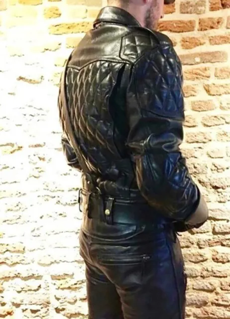 Men's Real Leather Bikers Jacket Quilted Panels & Back Quilted Bikers Jacket