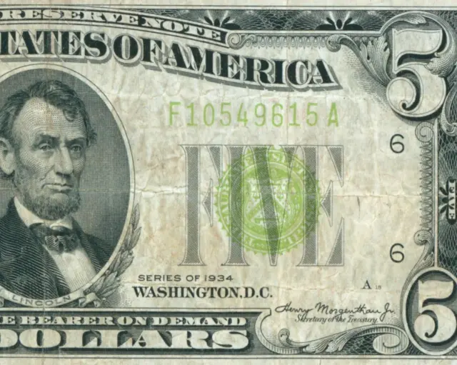 $5 1934 LGS LIME ((LIGHT GREEN SEAL)) Federal Reserve Note DAILY CURRENCY