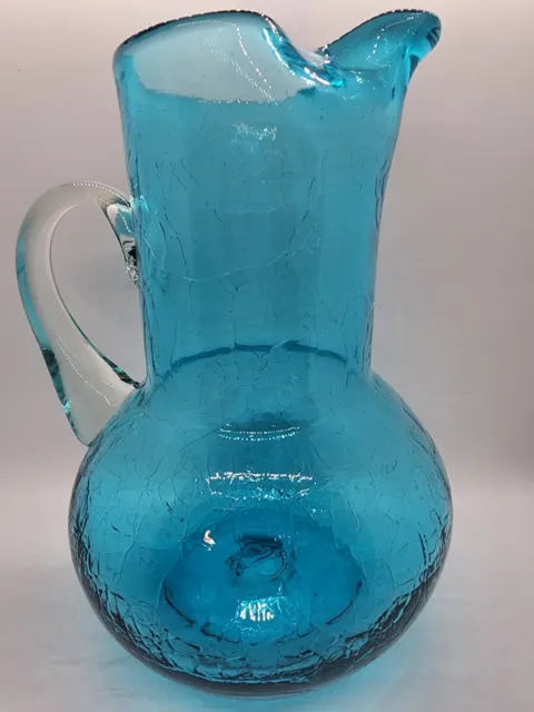 Crackle Glass Large Pitcher Turquoise Blue Applied Clear Handle
