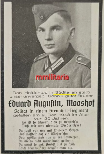 Sterbebild WWII Grenadier Mooshof 6. Gren. Regt. "Hoch & Deutschmeister" Italien