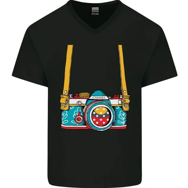 Photography Camera Around Neck Mens V-Neck Cotton T-Shirt