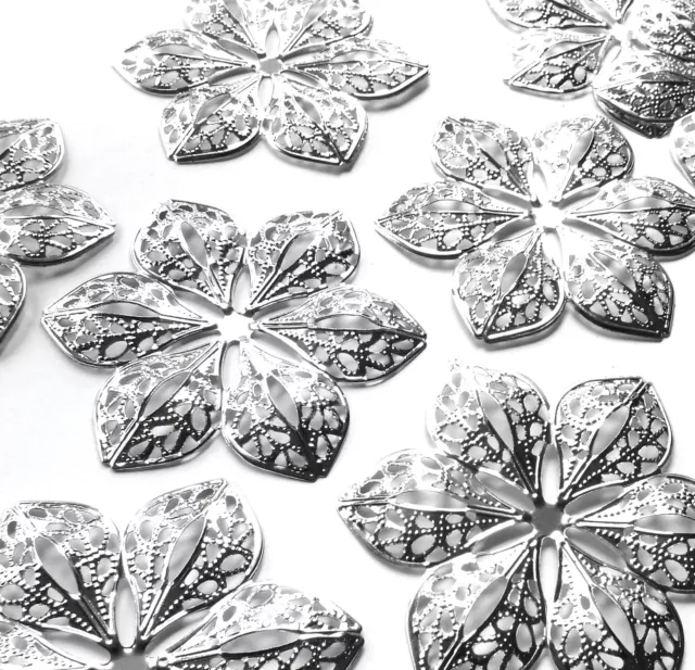 10 Large Filigree Flower Shape Embellishments Charm Silver tone Metal Craft 60mm