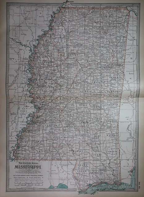 Old 1897 Century Atlas Map ~ MISSISSIPPI ~ (12x18) ~ Free S&H #274