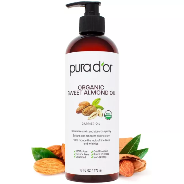 PURA D'OR Dor Sweet Almond Oil 100% Pure USDA Organic 16 oz, for Face & Skin