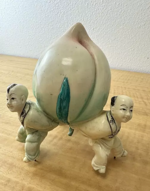 Vintage Chinese Porcelain 5.5” Figurine 3 Boys Holding Large Longevity Peach EUC