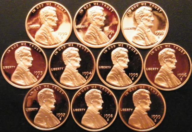 1990-1999 S Lincoln Memorial Cent Gem Deep Cameo Proof Run 10 Coin Set US Mint