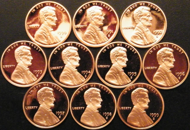 1990-1999 S Lincoln Memorial Cent Gem Deep Cameo Proof Run 10 Coin Set US Mint