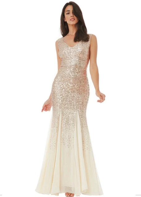 GODDIVA SZ 12 Champagne Sequin Chiffon Insert Maxi Evening Dress Christmas  BNWT 53.73 - PicClick UK